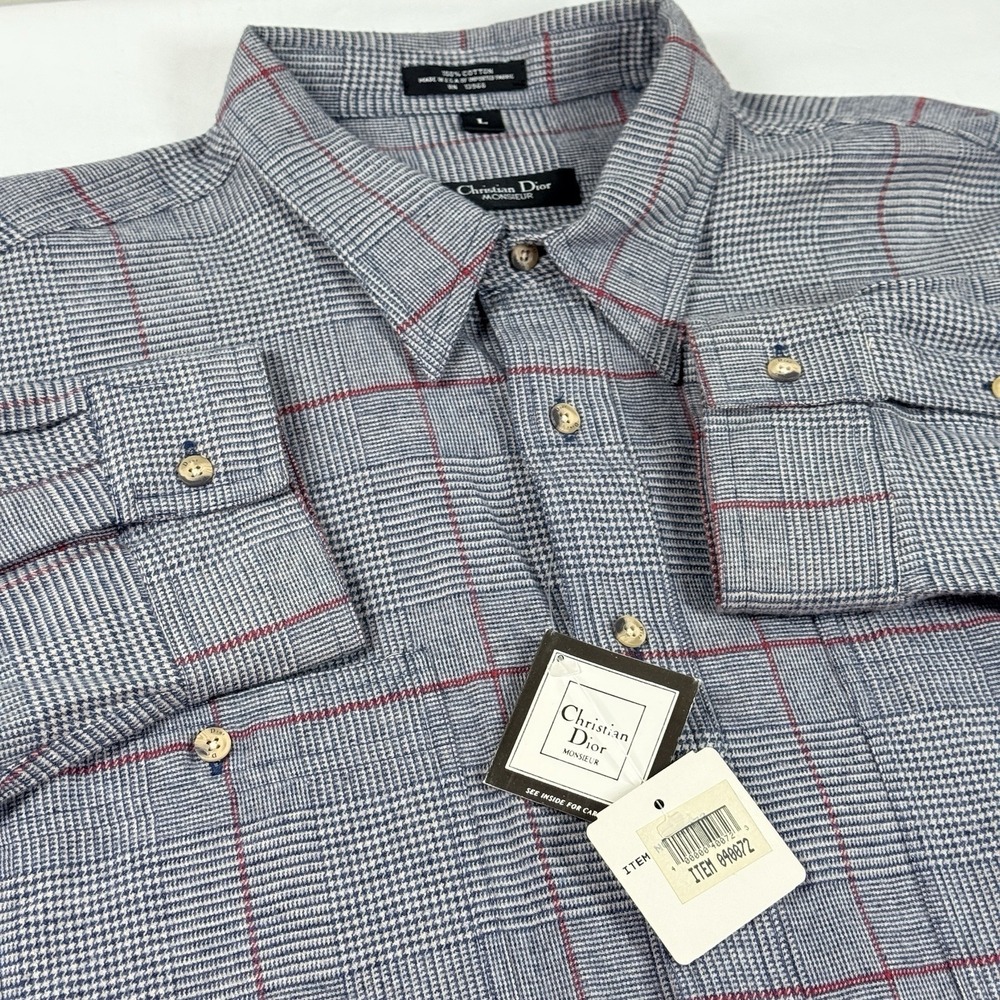Vintage Christian Dior Monsieur Plaid Shirt Mens L Cotton Button Up USA 90s - Picture 12 of 14